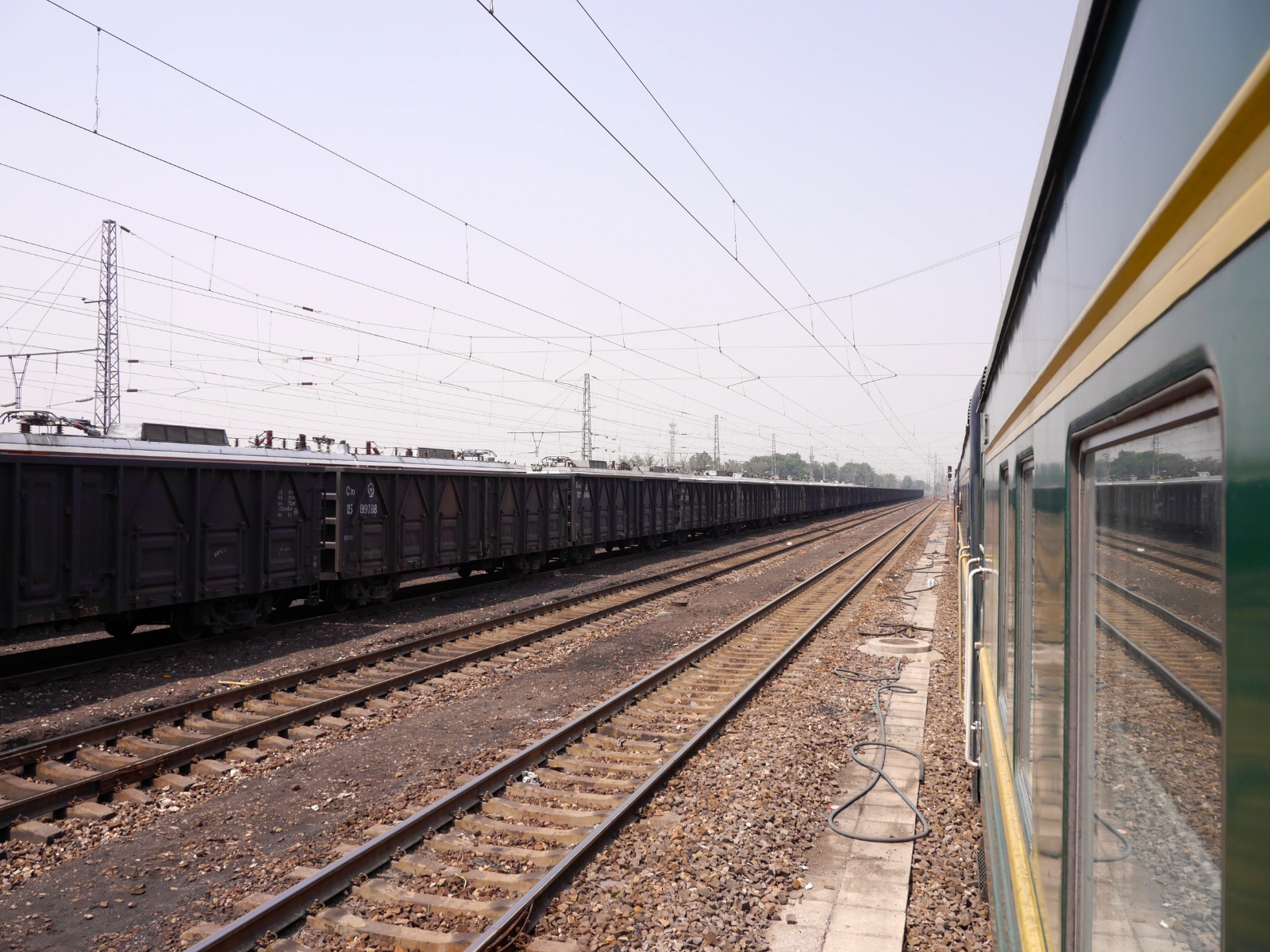 Freight wagons and converging tracks under catenary wires, seen from the window of a green passenger carriage.